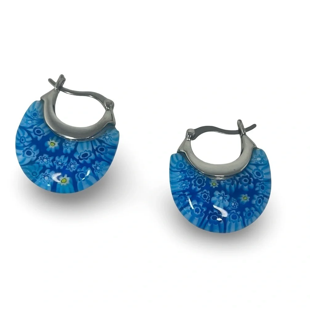 Murano Glass Millefiori Surgical Steel Hoop Earrings Blue Floral Pattern